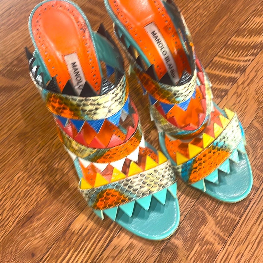 Manolo Blahnik multi coloured Arpege 105 snakeskin sandals size 37
